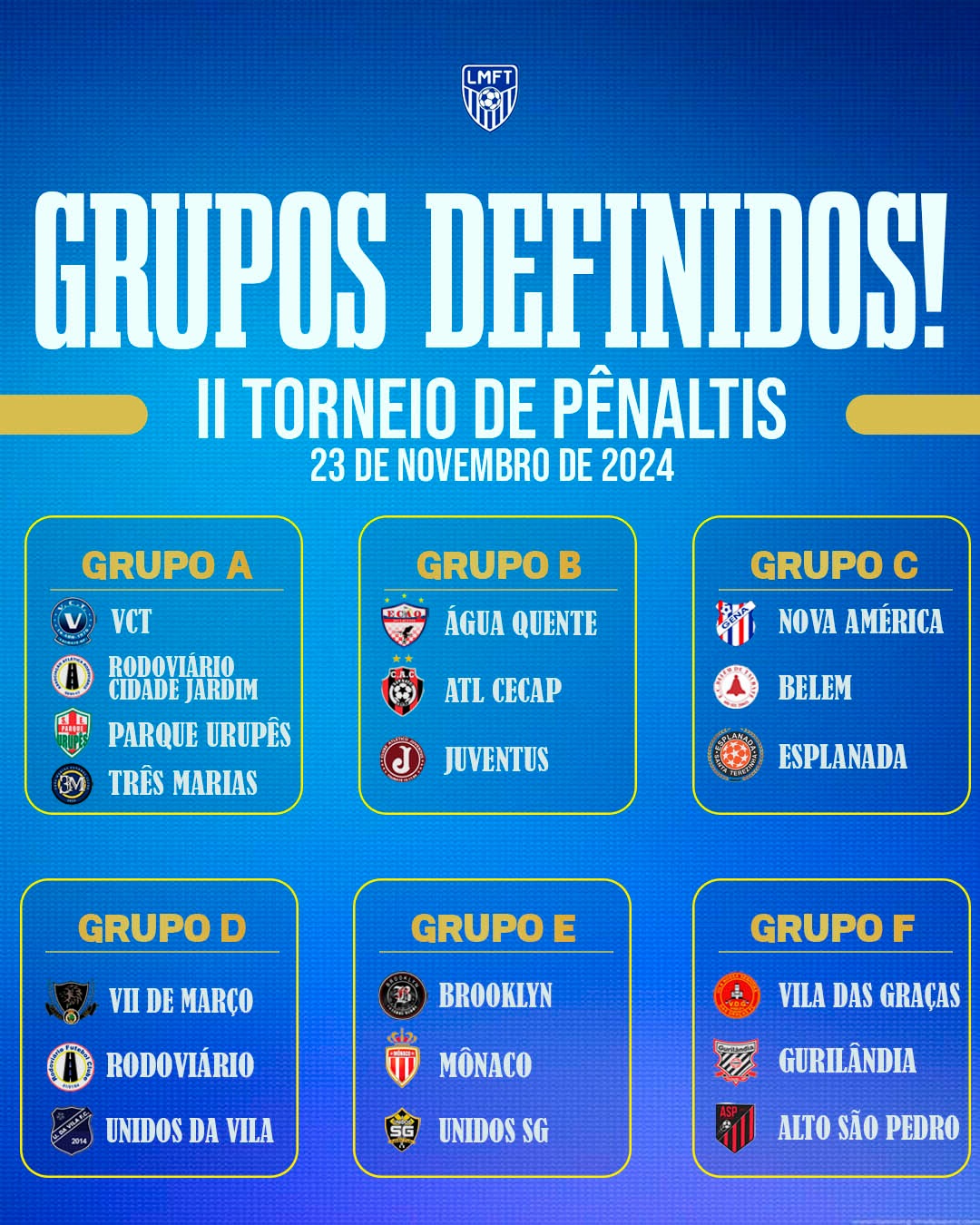 Confira os Grupos do II Torneio de Pênaltis LMFT.